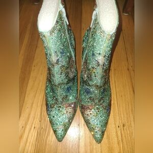 Betsey Johnson Green Crystal Pointed Toe Ankle Booties